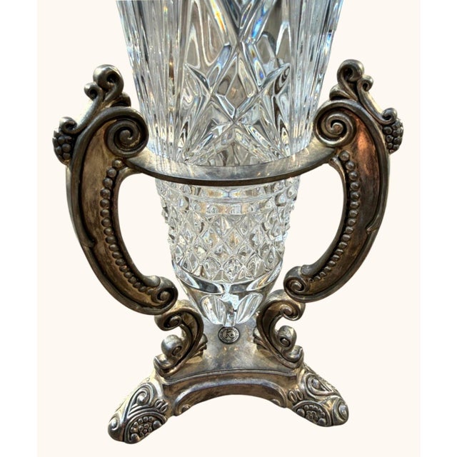 1990s Vintage Godinger Cut Crystal Urn Vases Silverplate Ornate Stands Pair 11" For Sale - Image 5 of 10