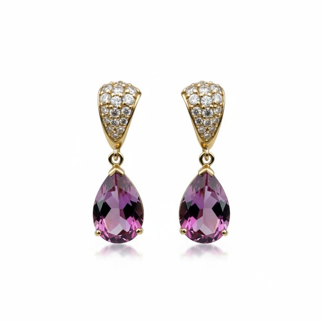 Pink 14k Yellow Gold Diamond and Natural Pink Topaz Dangle Earrings, A Pair For Sale - Image 8 of 11