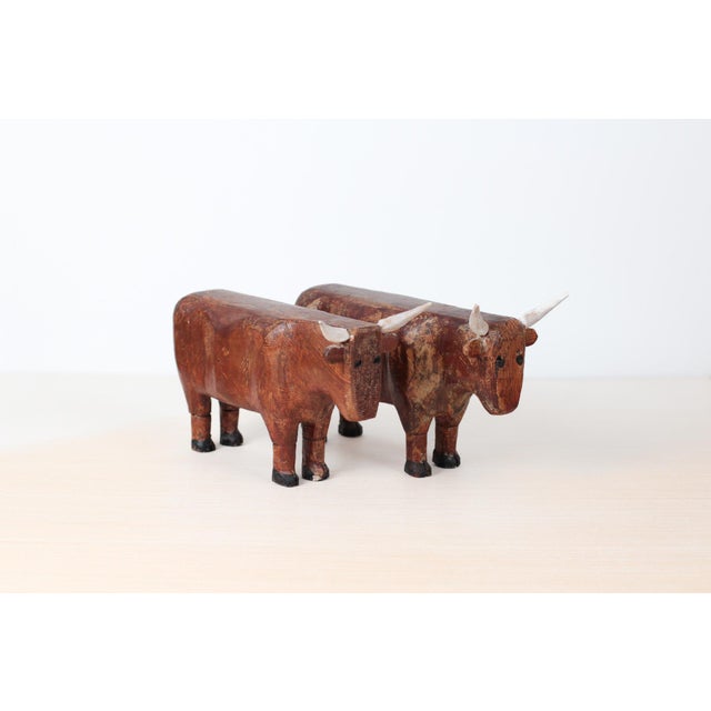Wood Mid-Century Folk Art Hand-Carved Wooden Bull Sculptures For Sale - Image 7 of 16