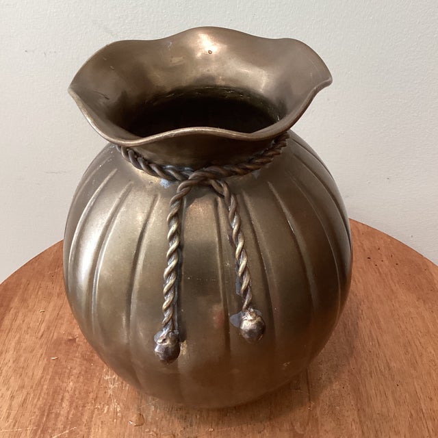 Mid 20th Century Penco Brass Vase W/Fluted Sides, Scalloped Top and Decorative Rope Tie For Sale - Image 10 of 12