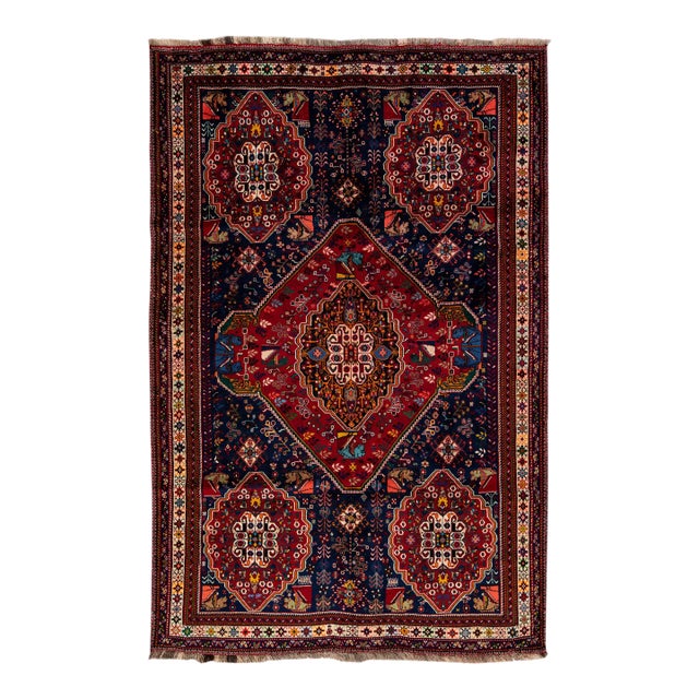 Vintage Handmade Persian Blue Medallion Wool Rug 6'8" X 10'2" For Sale