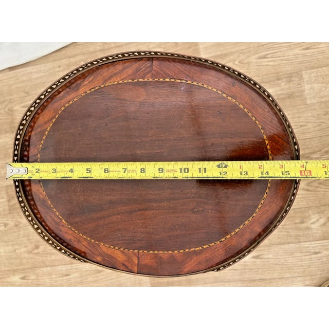 1920s Oval Accent Table Nightstand Three Drawers, Inlays, Brass Accents French Style For Sale - Image 10 of 12