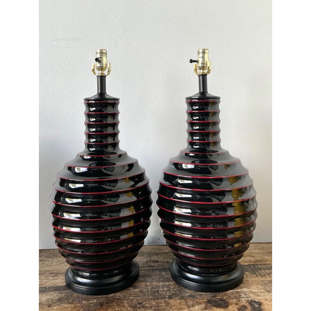 Vintage Glazed Ceramic Ribbed Table Lamps - A Pair For Sale - Image 4 of 13