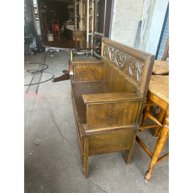 Antique William Morris Style English Arts & Crafts Movement Oak Carved High Back Monk's Bench For Sale - Image 10 of 11