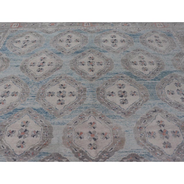 All-Over Tribal Motifs Design Light Blue With Hints of Orange Turkish Oushak Rug For Sale In Atlanta - Image 6 of 12