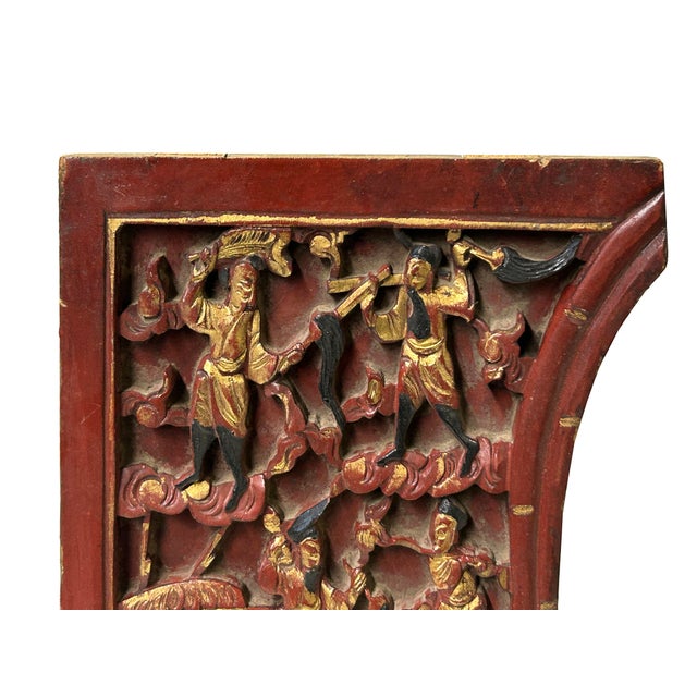 Vintage Corbel Corner Wood Red Gold Carving Wall Hanging Art Plaque For Sale - Image 9 of 9