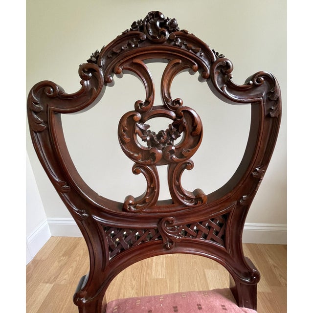 Late 19th Century Victorian Mahogany Parlor Chairs – Carved Elegance With Tapestry Charm (Pair) For Sale - Image 16 of 17