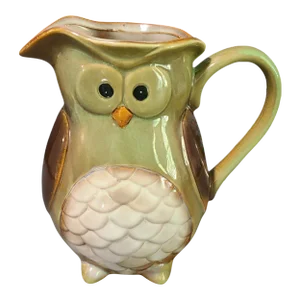 Late 20th Century Whimsical Vintage Glazed Pottery Painted Wise Owl Pitcher Vase