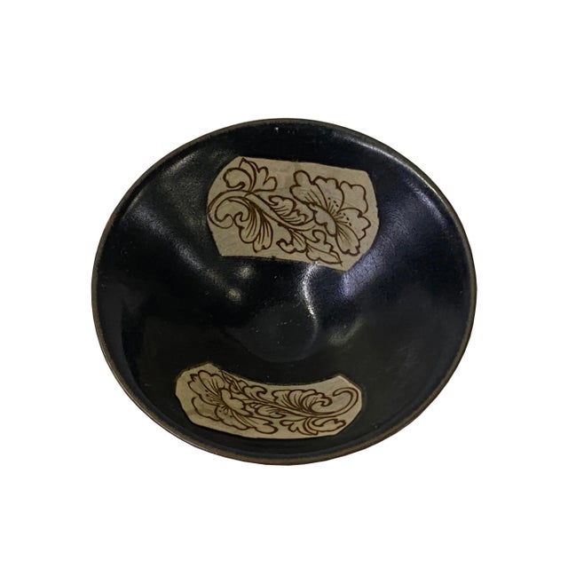 Chinese Ware Brown Black Glaze Flower Pattern Ceramic Bowl Cup Display For Sale - Image 4 of 7