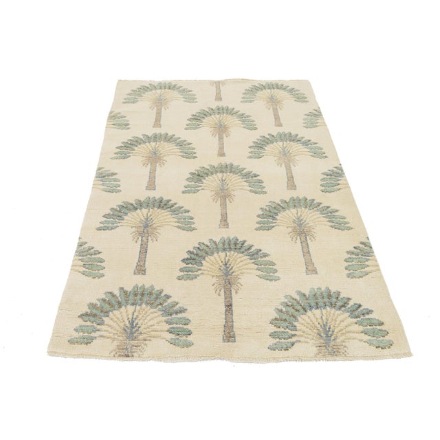 Art Deco Modern Fan Palm Hand-Knotted Wool Area Rug 4x6 For Sale - Image 4 of 9