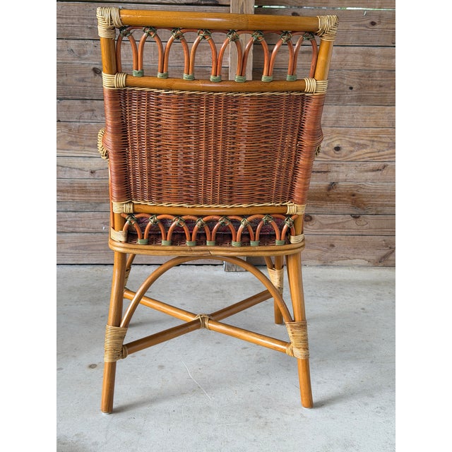 Contemporary Vintage French Wicker & Rattan Armchair With Paisley Cushion For Sale - Image 3 of 12