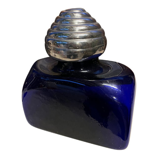 1970s French Blue Biomorphic Glass Bottle With Silver Top For Sale