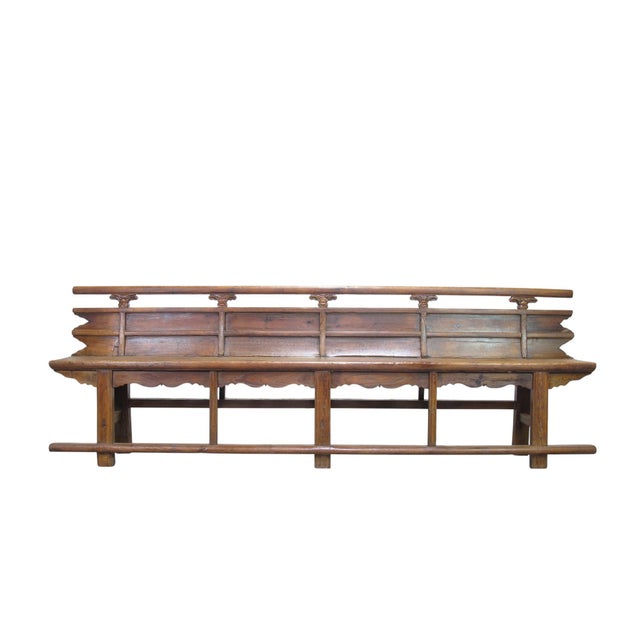 Chinese Antique 111" Elm Wood Bench With Tiered Backrest For Sale - Image 3 of 13