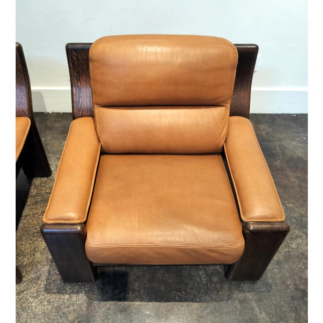 Wood Heavy Circa 1970 Oak and Cognac Leather French Club Chairs For Sale - Image 7 of 9