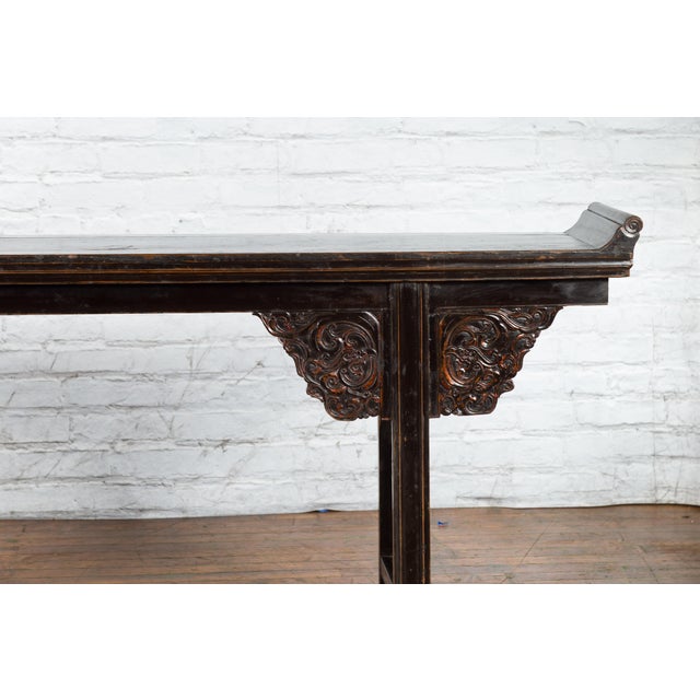 Brown Chinese Qing Dynasty 19th Century Black Console Table with Carved Dragon Motifs For Sale - Image 8 of 12
