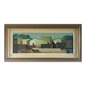 Mid-Century Modern 'Sunlit Village' Vintage Original Landscape Oil Painting by Swedish Artist Eric Cederberg (1897-1984), Framed
