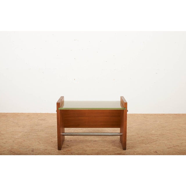 Side Table in Veneered Plywood with Sand-Cast Glass Top, Metal Tube and Handles by Jacques Adnet, 1930s, in Good...