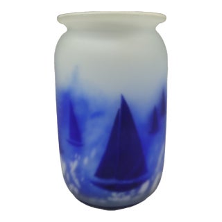 Vintage Hadeland Art Glass Vase With Blue Sailboats, Signed For Sale