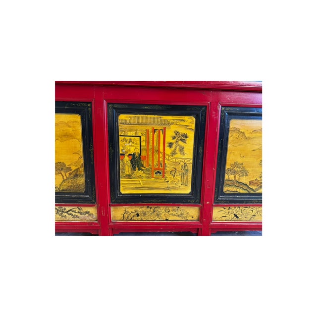 Wood Late 19th Century Hand Painted Converted Desk Red Gansu Sideboard Cabinet Grain Bin For Sale - Image 7 of 12
