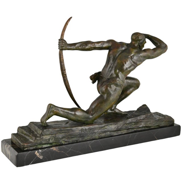 Metal Pierre Le Faguays, Art Deco Sculpture of Athlete with Bow, 1930, Bronze on Marble Base For Sale - Image 7 of 13