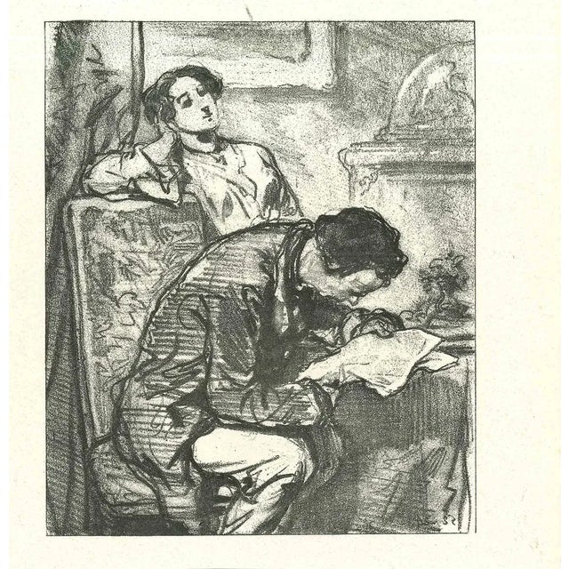 Reading the news is an original lithograph artwork on ivory-colored paper, realized by the French draftsman Paul Gavarni...