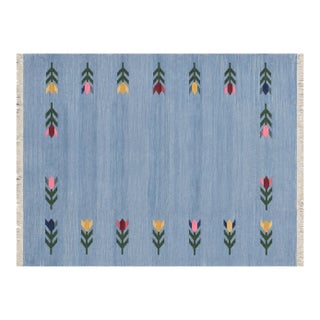 Handmade Cotton Vegetable Dyed Flat Weave Area Rug, Sky Blue Leaf Dhurrie - 8'x10' For Sale