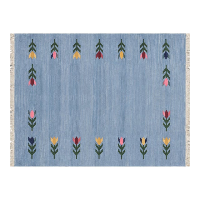 Handmade Cotton Vegetable Dyed Flat Weave Area Rug, Sky Blue Leaf Dhurrie - 8'x10' For Sale