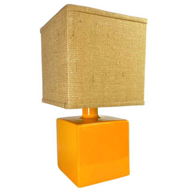 Orange Ceramic Cube Lamp With Squared Burlap Shade For Sale - Image 4 of 4