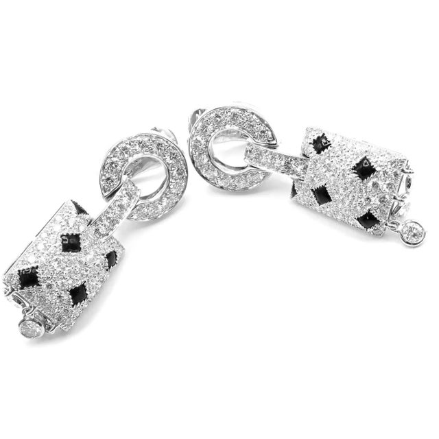 1990s 1990s Pair of Cartier Black Onyx Diamond Gold Panthere Panther Earrings For Sale - Image 5 of 13