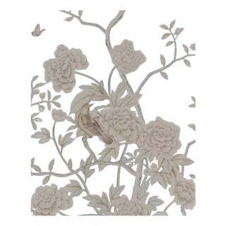 Luxury Hand Painted Silver Foil Wallpaper With Floral & Bird Design, Elegant Chinoiserie Botanical Wallcovering, Custom Oriental Interior Mural For Sale