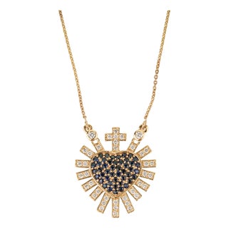 Blue Sapphire Diamond Sacred Heart Sunburst Pendant Necklace in 14k Yellow Gold For Sale
