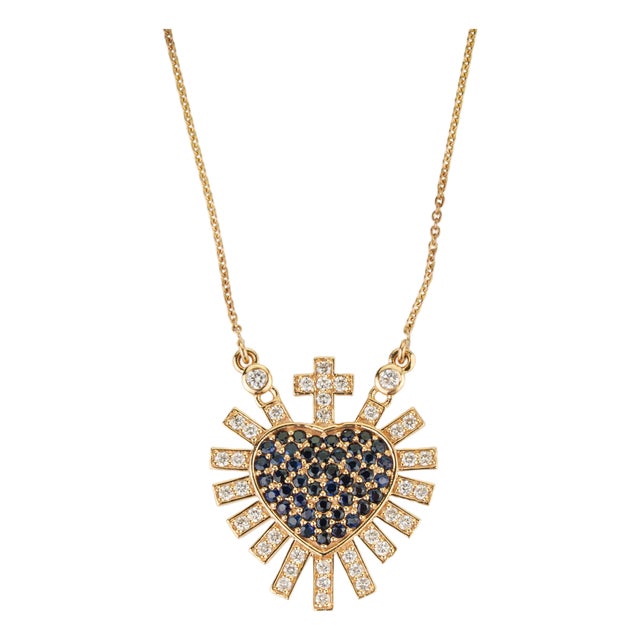 Blue Sapphire Diamond Sacred Heart Sunburst Pendant Necklace in 14k Yellow Gold For Sale