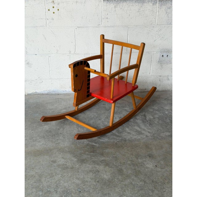 Wood Pine Rocking Horse Toy With Red Seat Danish Mid-Century Modern 1960s For Sale - Image 7 of 10