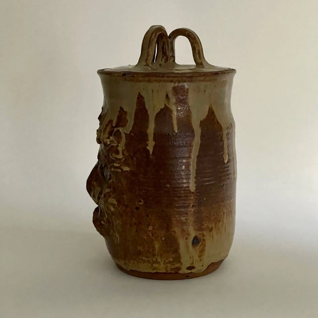 1960s Sculpted Face on Vintage Signed Studio Pottery Ceramic Canister Jar With Lid For Sale - Image 5 of 11