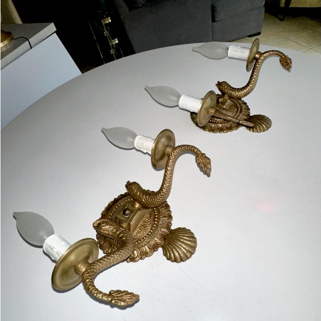 1950s Pair Neoclassic Dolphin Shell Brass Wall Sconces For Sale - Image 5 of 14