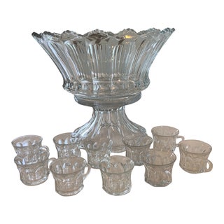 Vintage Heisey Colonial Two Part Stemmed Punch Bowl + 10 Cups For Sale