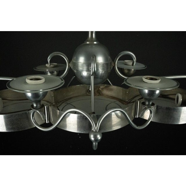 Metal Art Deco Italian Chandelier in Nickel Brass and Frosted Glass, 1930s For Sale - Image 7 of 14