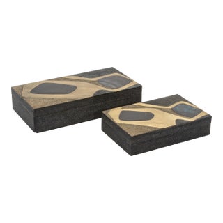 Set of 2 Rectangular Boxes in Coal Black and Brown Shagreen With Black and Blue Shell and Brass Cosmos Pattern Insert by R&y Augousti For Sale
