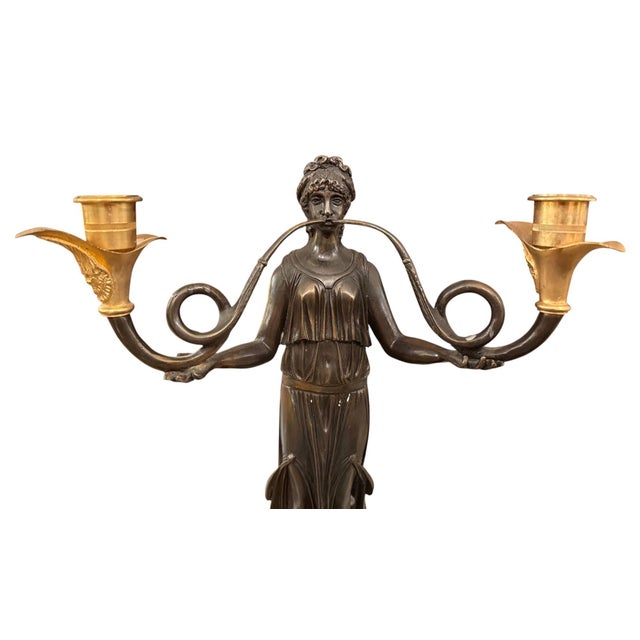 French Pair of French 19th Century Empire Style Bronze, Ormolu & Marble Candelabras. For Sale - Image 3 of 11