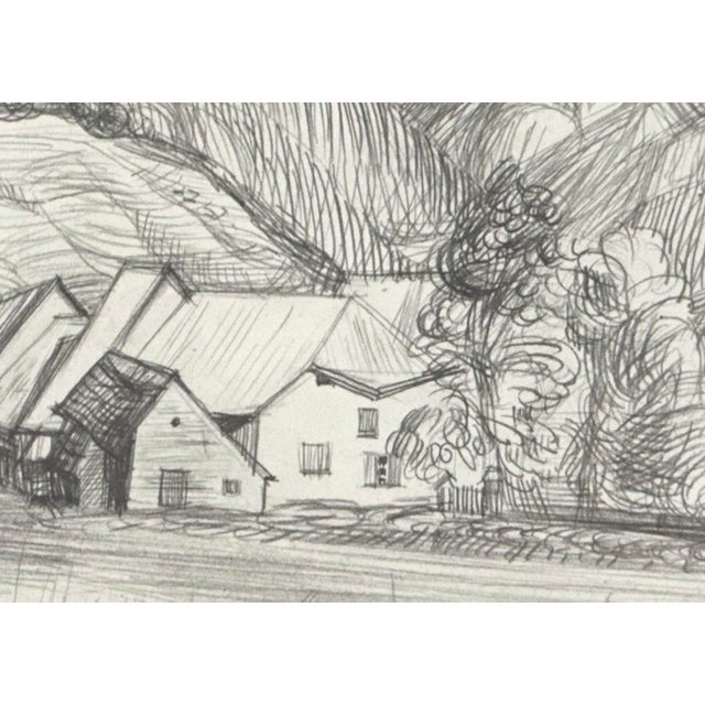 Vintage mid-century landscape pencil drawing on paper from France. Comes with acid free mat and backing. size includes mat