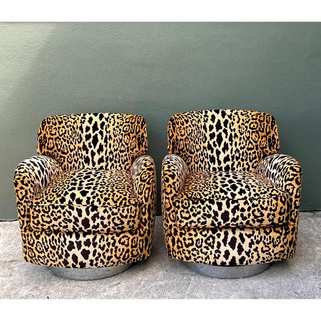 Vintage Leopard Print Velvet Swivel Chairs - A Pair For Sale - Image 9 of 12