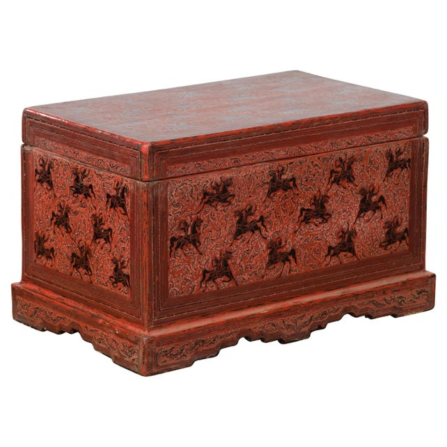 Chinese Late 19th Century Red Trunk with Black Hand-Painted Riders on Horses For Sale - Image 13 of 13