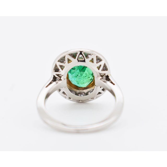 Circa 1935 Halo Ring, Art Deco Era, Natural Emerald and Diamonds, French Platinum For Sale - Image 4 of 5