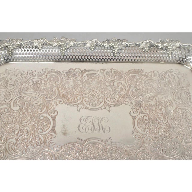 Metal Antique Victorian Silver Plated Grapevine Repousse Platter Bar Tray W/ Monogram For Sale - Image 7 of 12