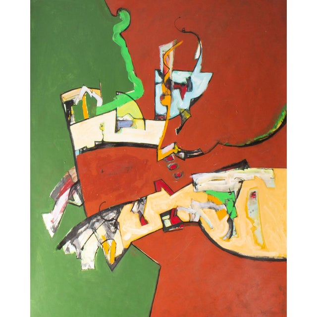 An acrylic on paper painting by the American artist James L. Bruch (1942-2023). This abstract work featured a green and...