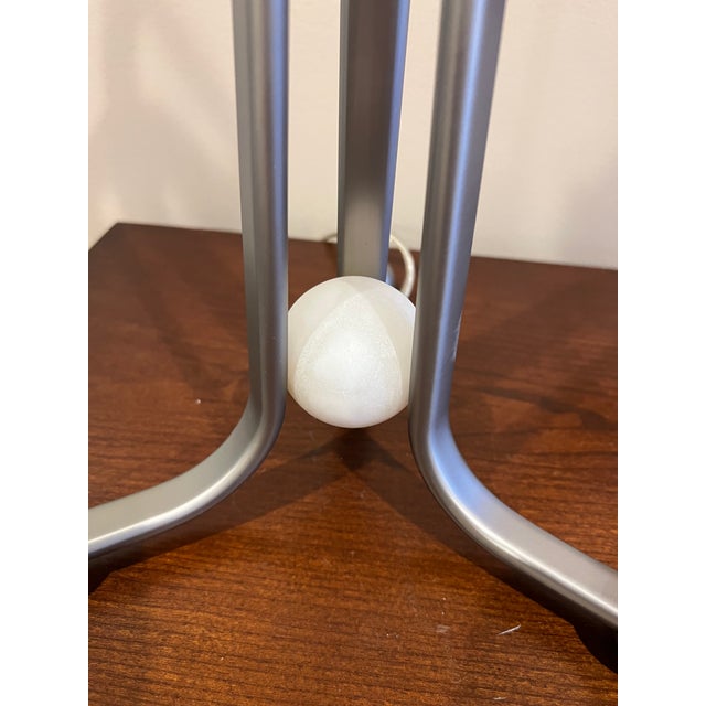 Contemporary Baker's Larimar Table Lamp, Satin Nickel Finish & Alabaster With White Linen Drum Shade For Sale - Image 3 of 18