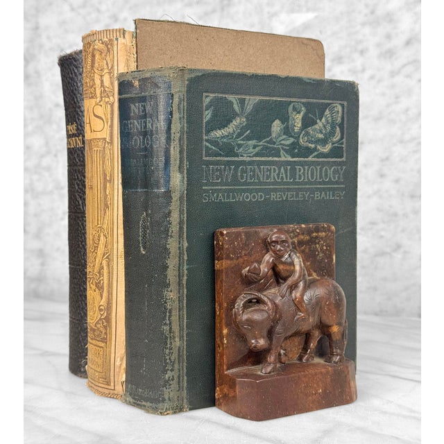 A Pair of 1920's Chinese Soapstone Library Bookends Solid Soapstone with Attractive Natural Graining Hand Carved Monkey...