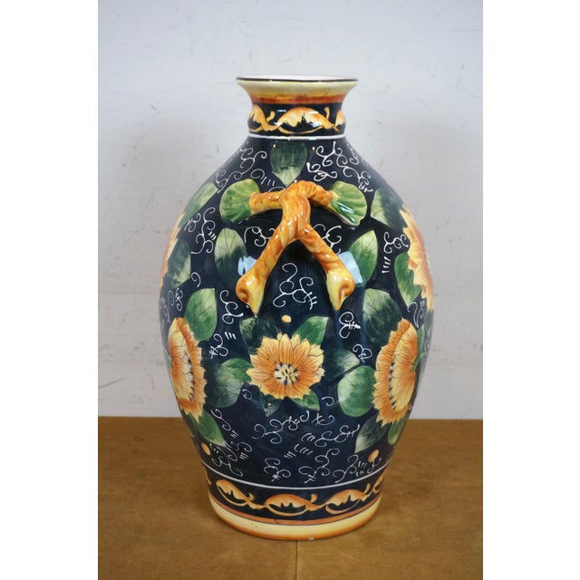 Late 20th Century Italian Style Porcelain Sunflower Vase Urn Jug Pitcher With Branch Handles For Sale - Image 6 of 12