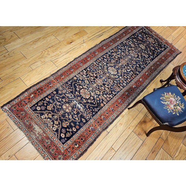Textile Antique Persian Farahan Sarouk Runner, Hand-Knotted Wool, All-Over Geometric Pattern, Navy & Rust, 4x10 For Sale - Image 7 of 16