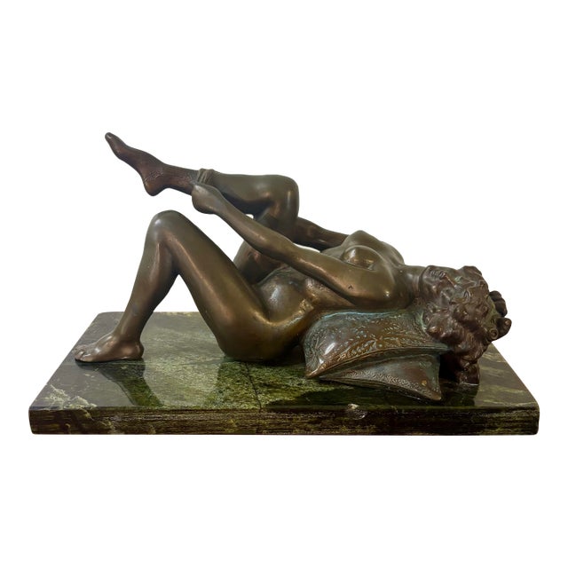 1910s Louis Chalon Bronze Nude Woman Sculpture Putting on Stockings on Marble Base For Sale